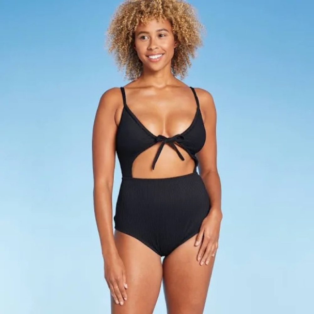 Shade & Shore Ribbed Tunnel tie front Cut Out One piece swimsuit Black Size M